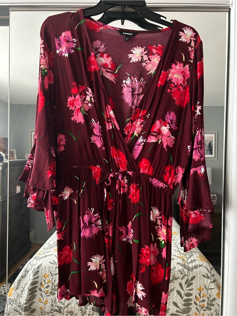 Express Burgundy Floral Long-Sleeve Wrap Romper